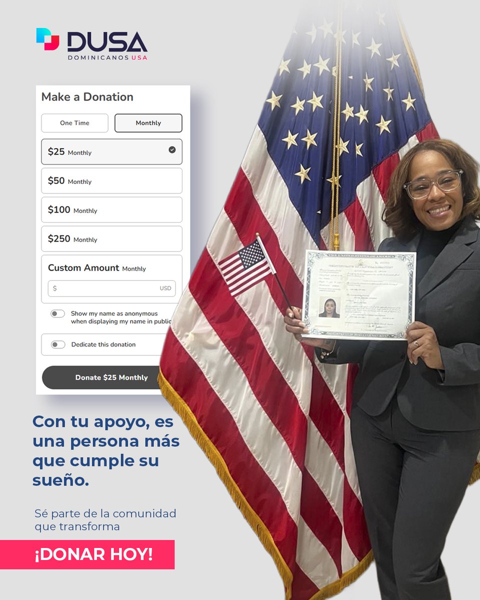 Cada certificado, cada sonrisa, cada historia representa un sueño cumplido. 🇺🇸💙

Gracias a tu apoyo, más dominicanos y otros inmigrantes de Nueva York reciben asistencia gratuita para alcanzar su ciudadanía y fortalecer su futuro.

Con tu aporte, es una persona más que cumple su