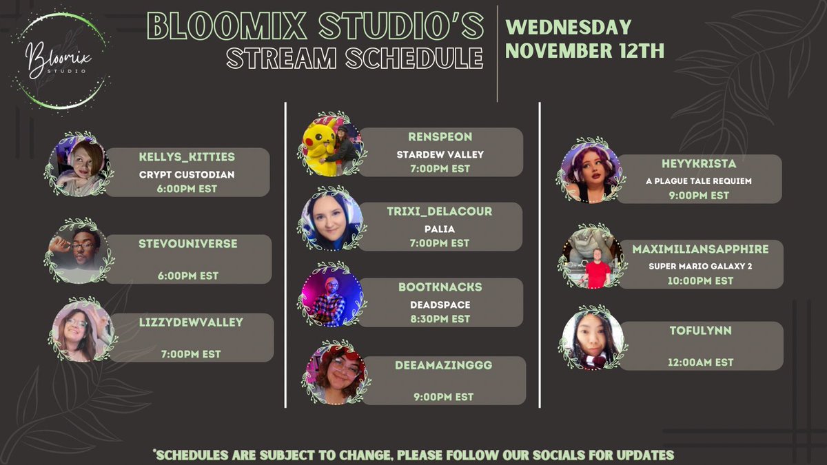 Check out our lineup of streamers going Live ~*• November -12th (part 2) •*~  on their channels 🌿