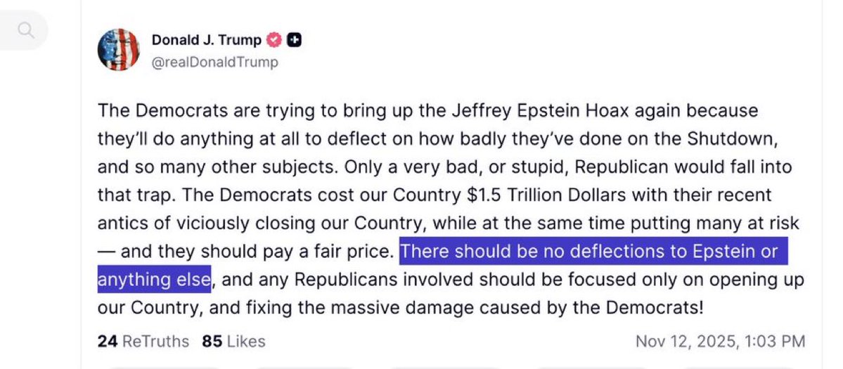 Donald Trump to Republicans: "There should be no defections to Epstein or anything else."