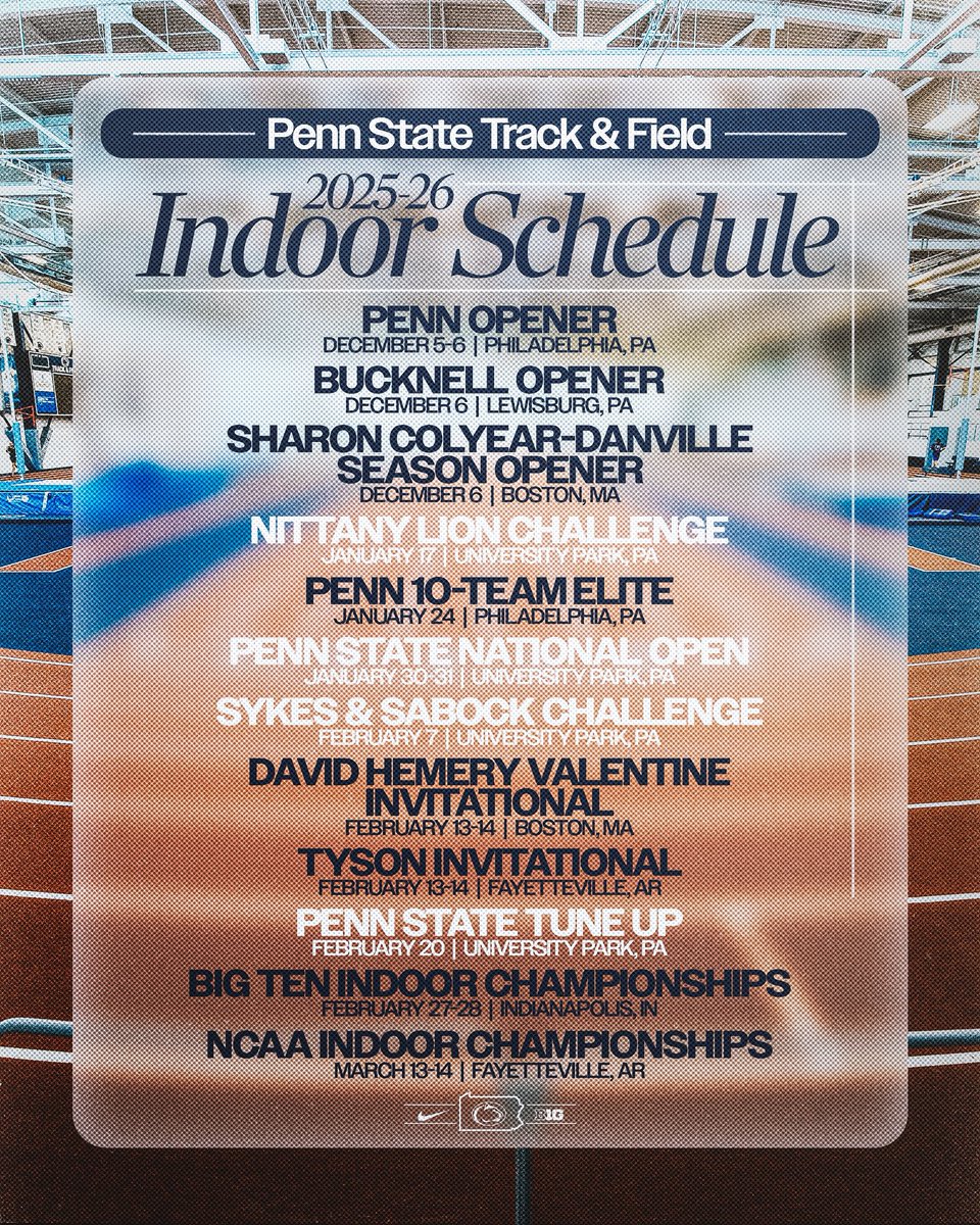 PennStateTFXC's tweet image. Just under a month out until we’re back! Here’s your 2025-26 Track Schedule! 

#WeAre | #PSUTF