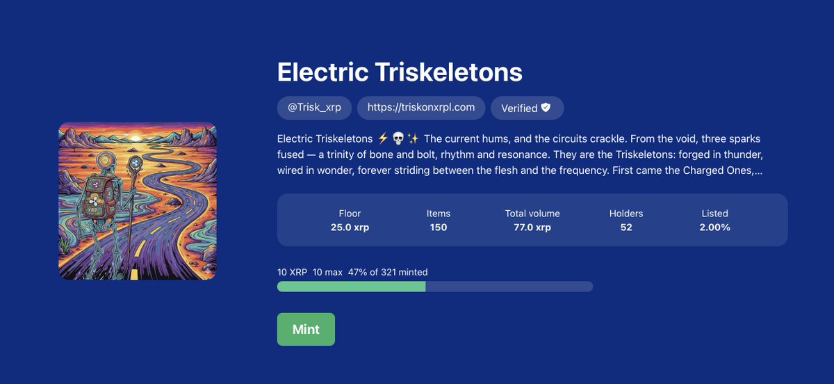 150 Electric Triskeletons Out There Roaming The Ledger. ☠️⚡️

The collection is 3% away from 4 lucky wallet holders receiving 25 $XRP a piece. (Please see pinned post to learn how to qualify.) 

Entry begins here: 
xrp.cafe/collection/ele…