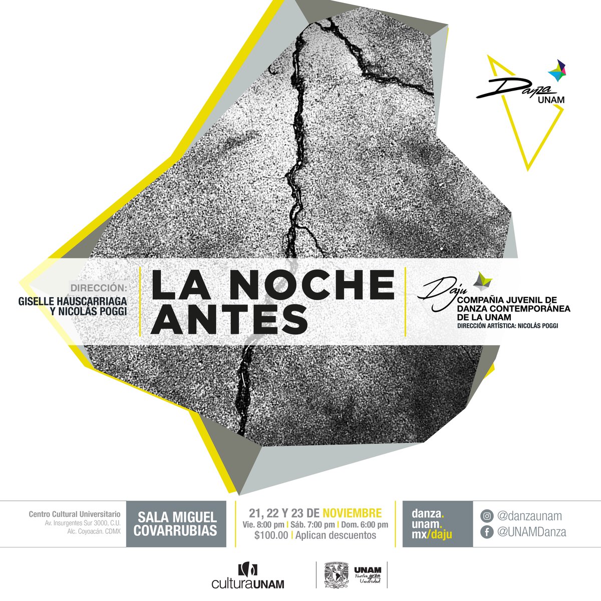 La noche antes sitúa a la DAJU en una atmósfera surrealista: una noche ruidosa, una tragedia que se anuncia y cuerpos que insisten en permanecer antes del amanecer. Dirección de Nicolás Poggi y Giselle Hauscarriaga.