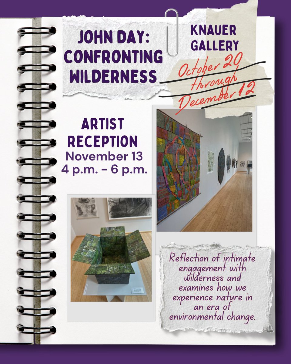 ArtsAtWCU's tweet image. One day away! 🎨 Join us in the Knauer Gallery (Swope Music Building) on Nov. 13, 4–6 PM, for the artist reception of John Day: Confronting Wilderness. Explore how we experience and interact with nature.
🔗 wcupa.edu/communications…

#WCUArts #ArtsAndHumanities #ArtistReception
