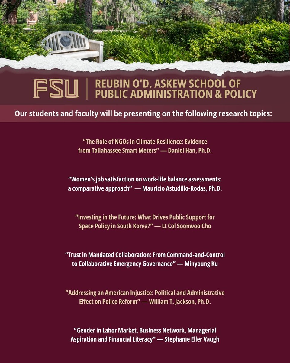 askewschoolfsu's tweet image. Faculty and students from FSU’s Reubin O&apos;D. Askew School of Public Administration &amp;amp; Policy are heading to Seattle for the 2025 APPAM Conference!

We’re excited to share our research, connect with colleagues, and represent Florida State!