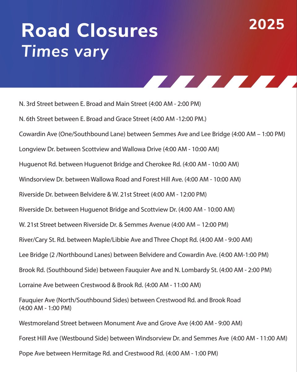 Happening this Saturday! Plan ahead and stay safe Richmond.  go.rva.gov/marathonclosur…