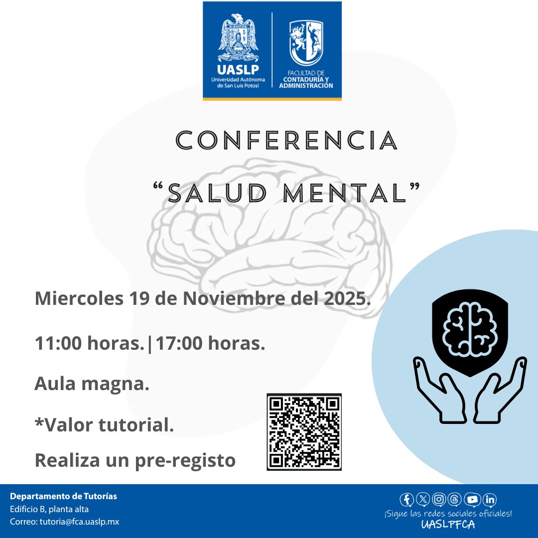 Te invitamos a la conferencia: "Salud mental". 💚🧠
Link del pre registro: forms.cloud.microsoft/r/YuWK0hUmud?o…
Cuenta con valor tutorial, puedes asistir este próximo 19 de noviembre ya sea a las 11:00 horas o 17:00 horas. ¡Te esperamos!