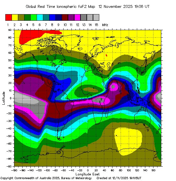 Global Optimum NVIS Frequency Map Based Upon Hourly Ionosphere Soundings via sws.bom.gov.au/HF_Systems/6/5 #hamradio