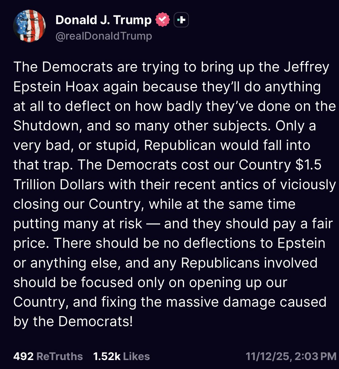 The Mob Boss threatens Republicans who may want to vote to release the Epstein files.