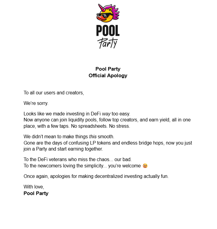 We made liquidity pooling too simple. Whoops 🤷‍♂️
Apparently, DeFi wasn’t supposed to be this fun. Our bad. 💦
 
Sorry not sorry 😎

#CryptoCommunity  #Liquidity  #PoolParty  #Web3  #DeFiMadeEasy