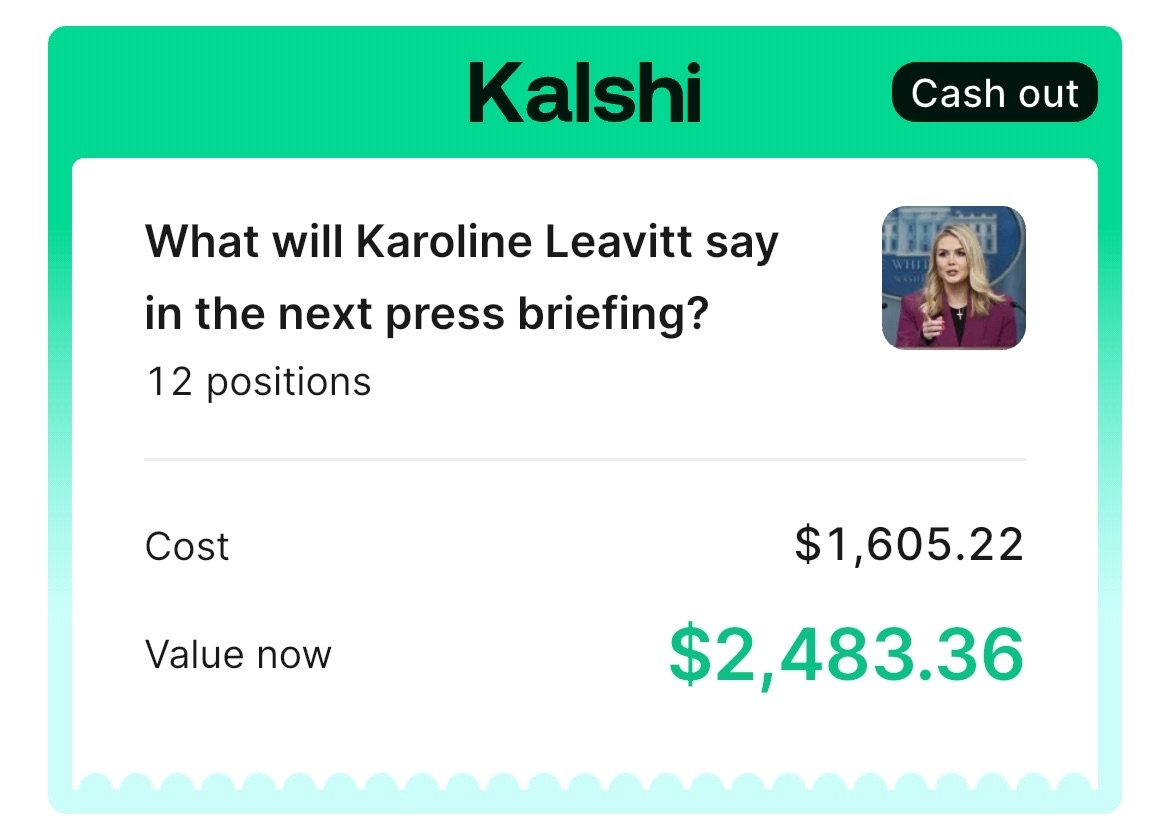 I won:
+900$ on Leavitt's speech
+355$ on her being late
+270$ on her speaking <35 mins

+1.5K in total! 

Israel N pick worked out, even though one of the press asked a random question about the ME she didn't seem bothered to answer in detail.

We are now 5/6 on confident picks!