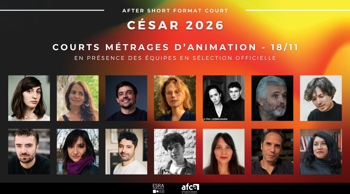 😄 8 équipes de films // 15 professionnels présents !!Assistez à notre nouvel After Short consacré aux courts d'animation en lice aux César 2026, avec <a href="/GROUPEESRA/">ESRA Officiel</a> et l'AFCA, mardi 18/11 à 19h à l'ESRA : formatcourt.com/2025/10/93442/