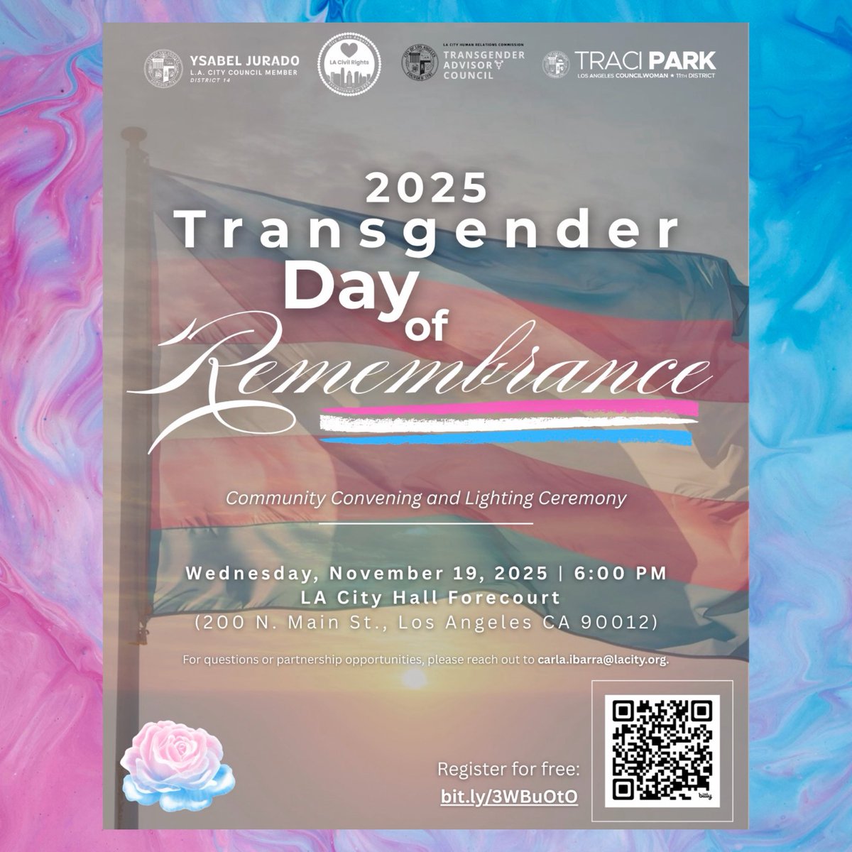 TransCanWork's tweet image. MARK YOUR CALENDARS: #TransCanWork is proud to be a sponsor of the city of Los Angeles’ 3rd annual #TransDayOfRemembrance just one week away. Please use the QR code or link on flyer to register. We hope to see you there next Wednesday! 🏳️‍⚧️
