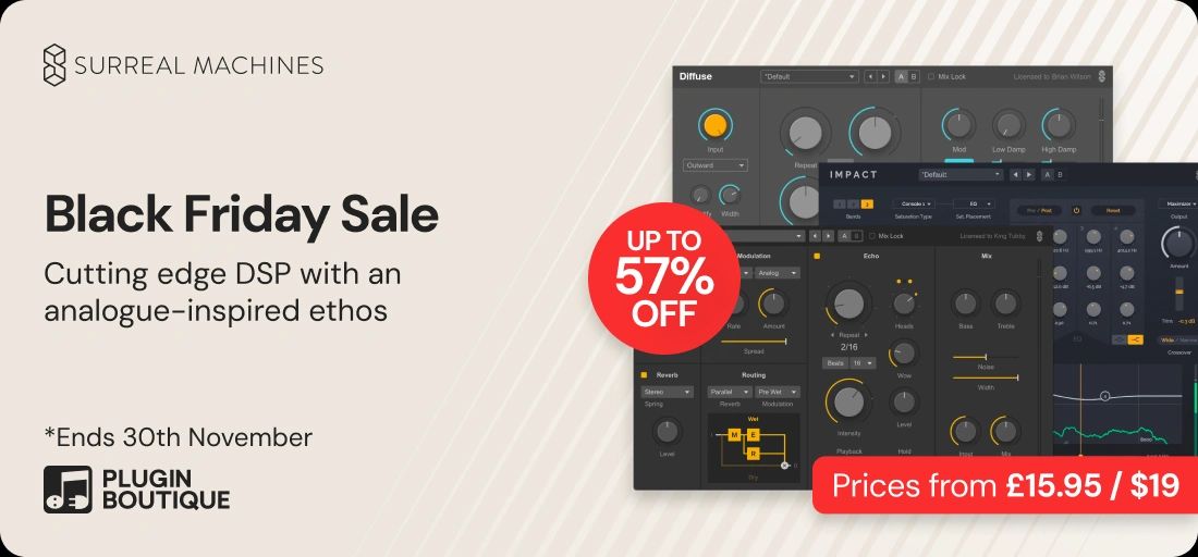 Surreal Machines Black Friday Sale: Save up to 57% until November 30th.

🔗 pluginboutique.com/deals/21166#a_… [affiliate link]