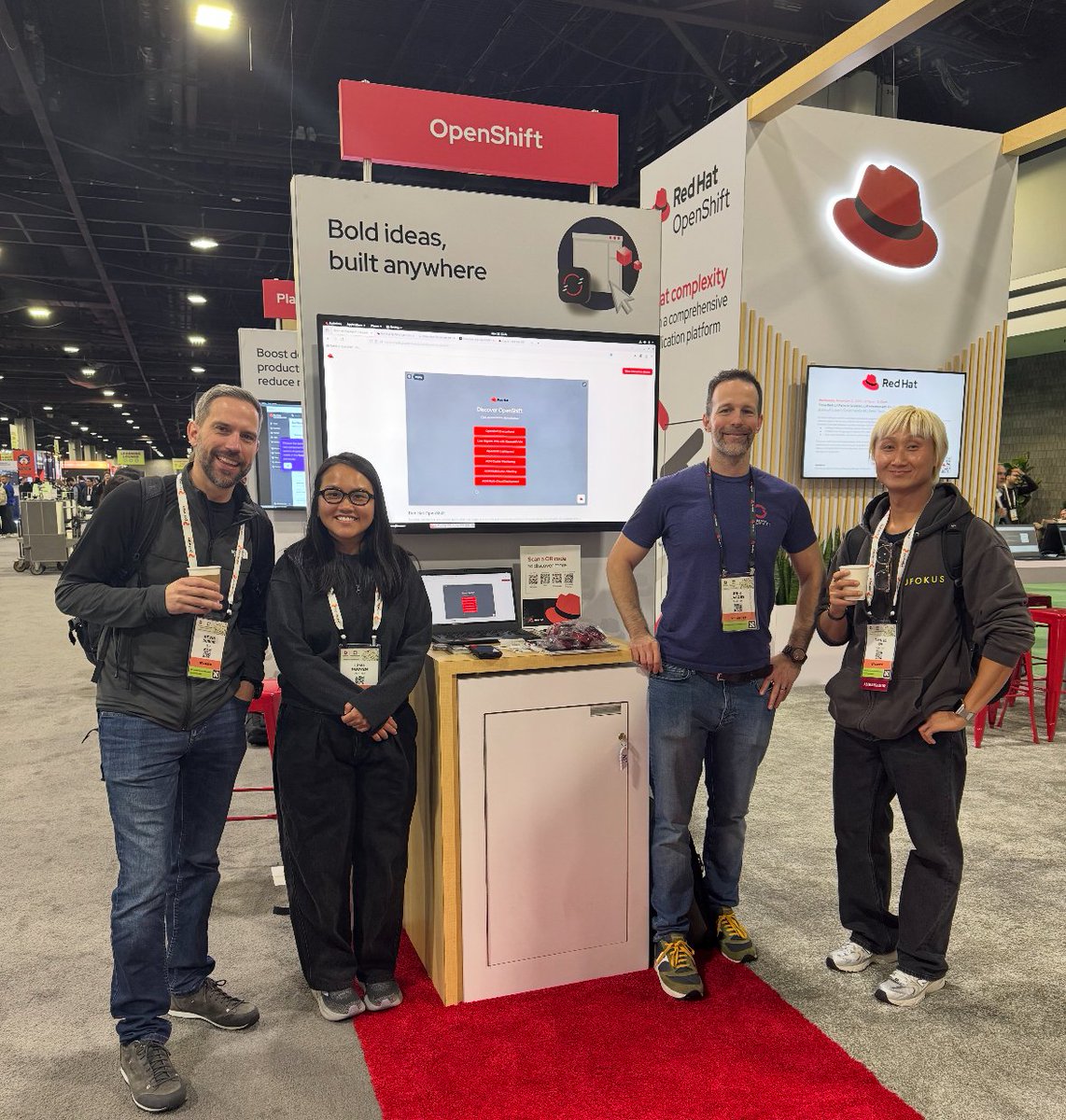 openshift's tweet image. If you&apos;re at #KubeConNA, let our #OpenShift demos do the talkin&apos;! Stop by Booth 100 to learn about our latest release, OpenShift 4.20, which enhances #AI, #virtualization, and data #security and #sovereignty (red.ht/4nKRnHB). Come talk to our experts and get a sticker!