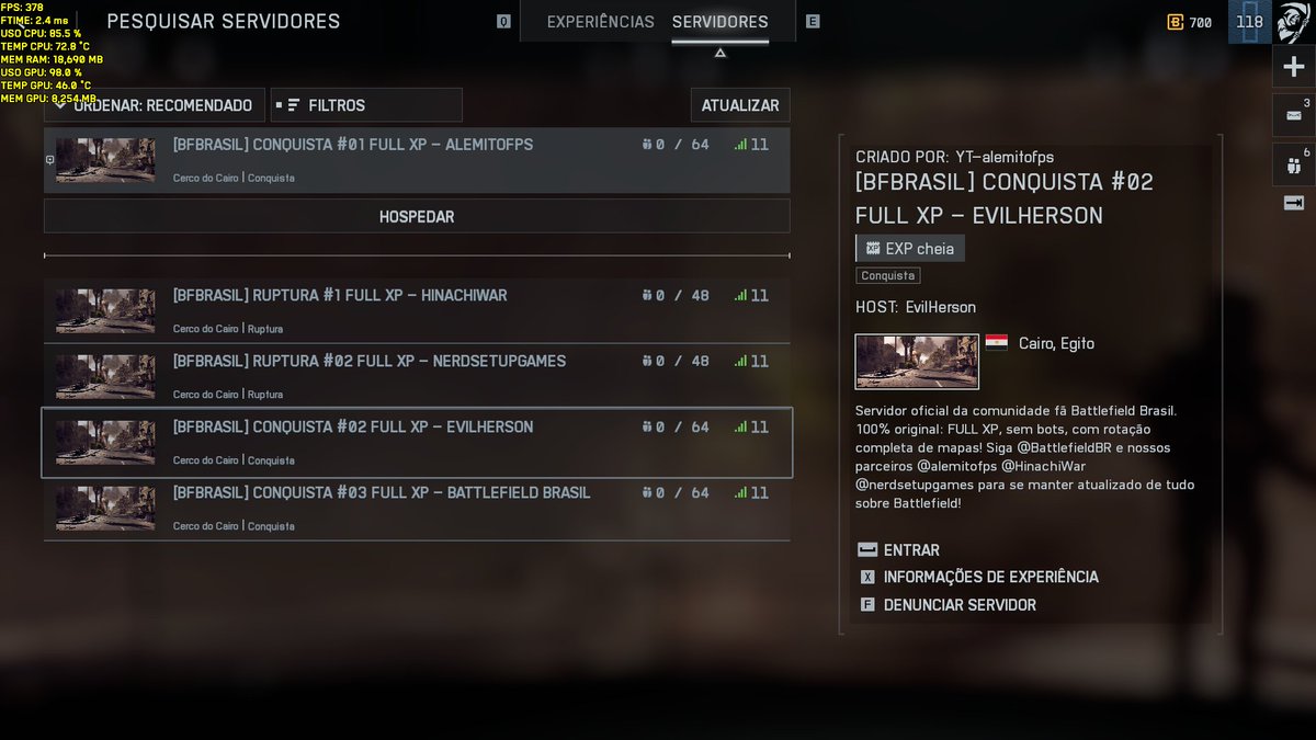 🚨 Uma solução temporária para os problemas de matchmaking e bots no Battlefield 6: eu, <a href="/BattlefieldBR/">Battlefield Brasil</a> <a href="/HinachiW/">HinachiWar 🇧🇷</a> <a href="/nerdsetupgames/">Nerd Setup Games</a> e <a href="/evilherson/">EvilHerson</a> criamos servidores PERSISTENTES (24h ativo) no Portal com experiências tradicionais, FULL XP e SEM BOTS

⭐ Para encontrar é muito