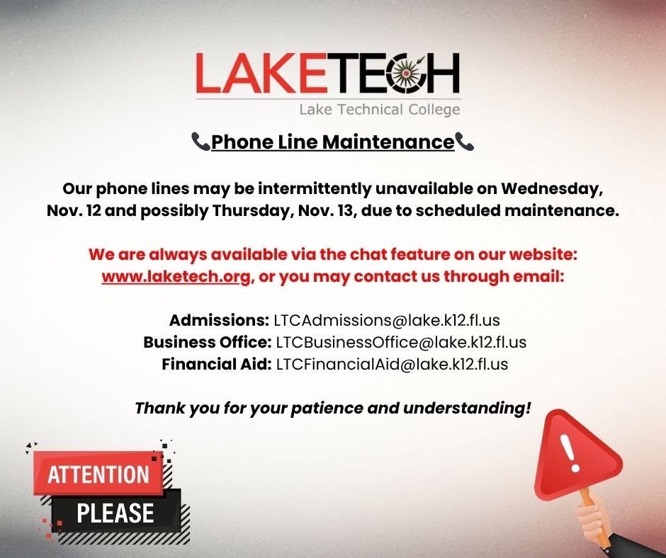 ⚙️ We’re giving our phones a tune-up 📞— they’ve been working overtime!  If you can’t get through, don’t worry — we’re just a click away at laketech.org - send us a Chat💬 or an email 📨and we'll get right back to you! #laketech