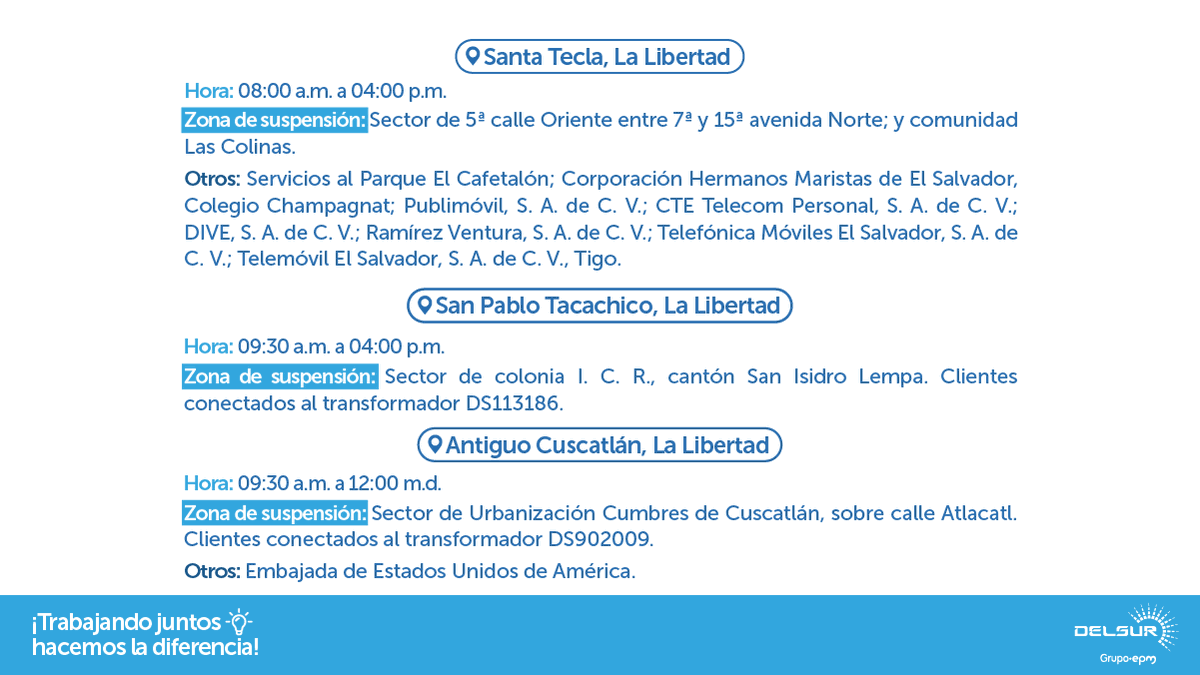 DELSUR te informa que el día 13 de noviembre de 2025, el suministro será interrumpido debido a trabajos de mantenimiento en la red eléctrica para la modernización del servicio. Las interrupciones asociadas a estos trabajos afectarán únicamente a los lugares y zonas detallados en