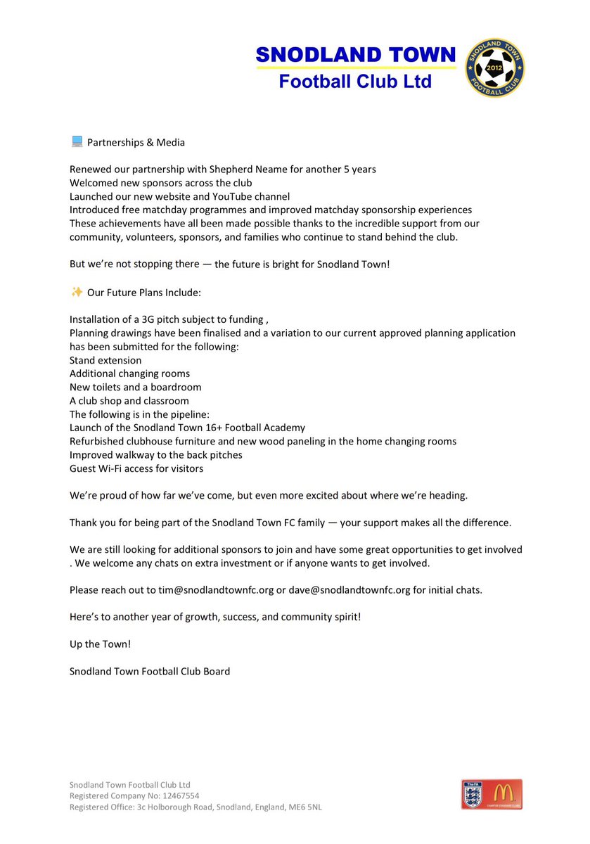Snodland Town Football Club End of Year update and plans for the future! 

🏟️ Future 3G Pitch, Subject to Funding
⚽️ Future launch of a 16+ Football Academy 
+Many More

A huge thank you goes to our supporters, the future of Snodland Town Football Club is bright!

#UTT 🟡🔵