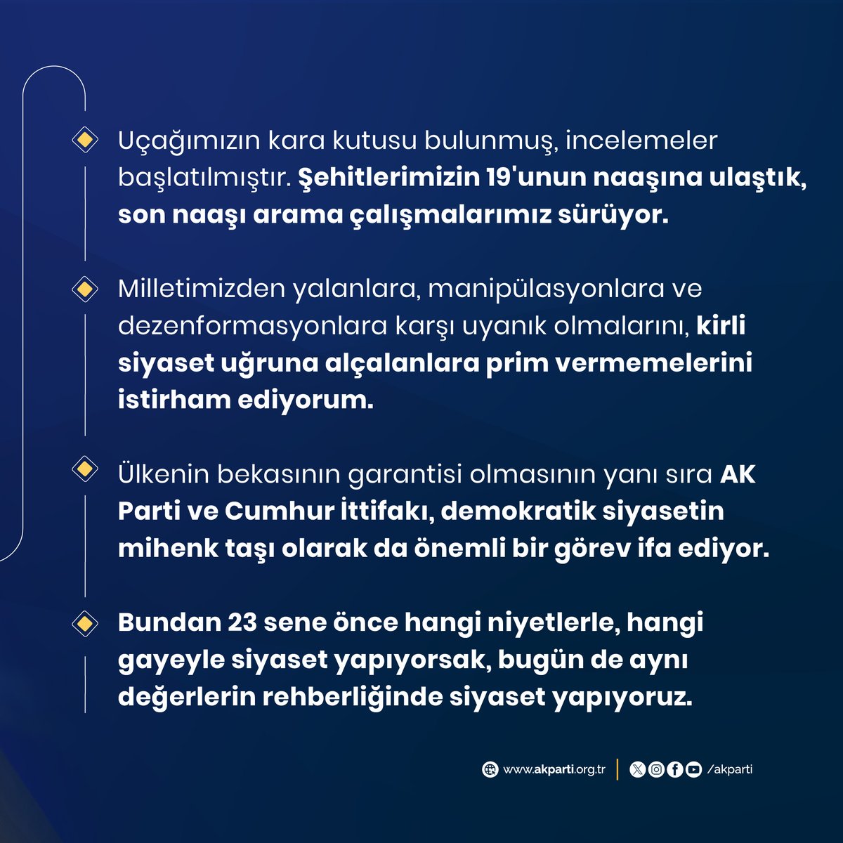 Akparti's tweet photo. Genel Başkanımız ve Cumhurbaşkanımız Sayın Recep Tayyip Erdoğan’ın Genişletilmiş İl Başkanları Toplantımızdan öne çıkan açıklamaları. https://t.co/sU0pSyN6ZK