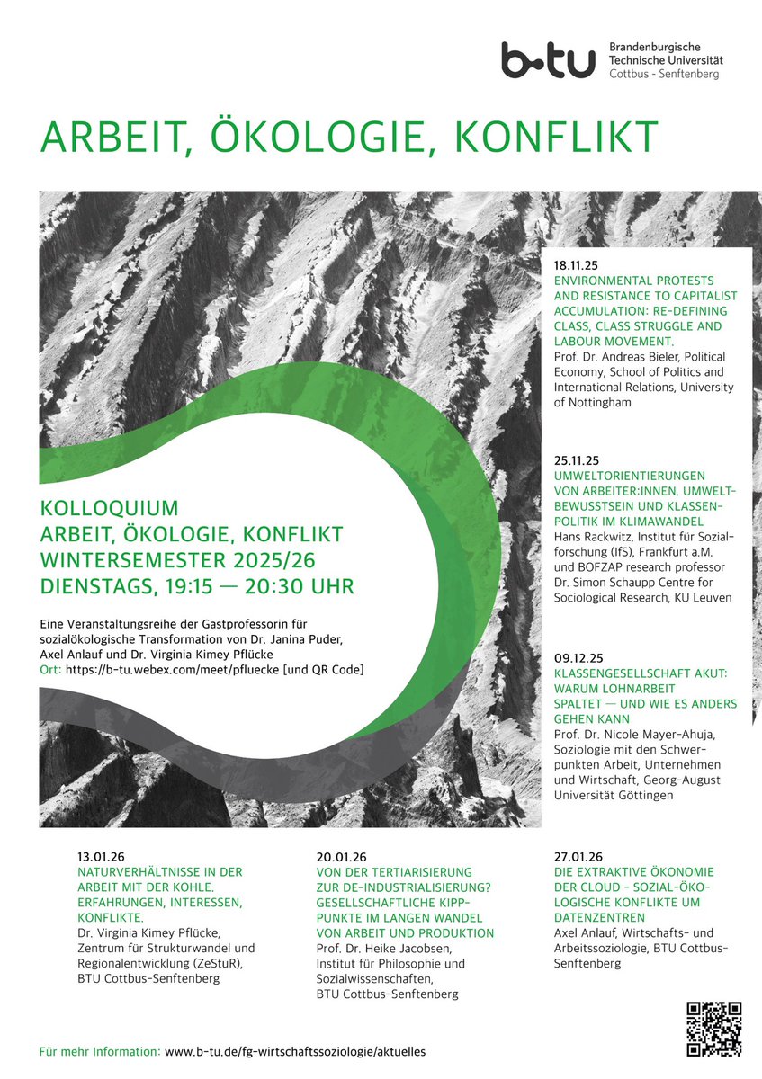 Ab kommender Woche Dienstag veranstalten meine Kolleg/innen Kimey Pflücke, Axel Anlauf u. Ich ein Online-Kolloquium zum Thema: Arbeit, Ökologie, Konflikt - offen für alle Interessierten; Link auf dem Plakat. Wird spannend!!
