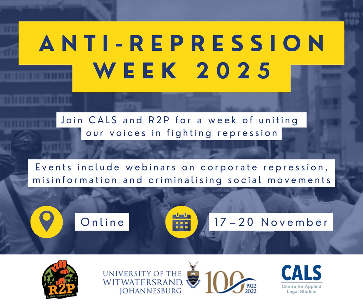CALS_ZA's tweet image. Next week, CALS and @ProtestZa host the third annual #AntiRepressionWeek, showcasing work resisting repression

From Monday to Thursday, we are hosting webinars on corporate repression, misinformation and digital rights, and the criminalisation of social movements