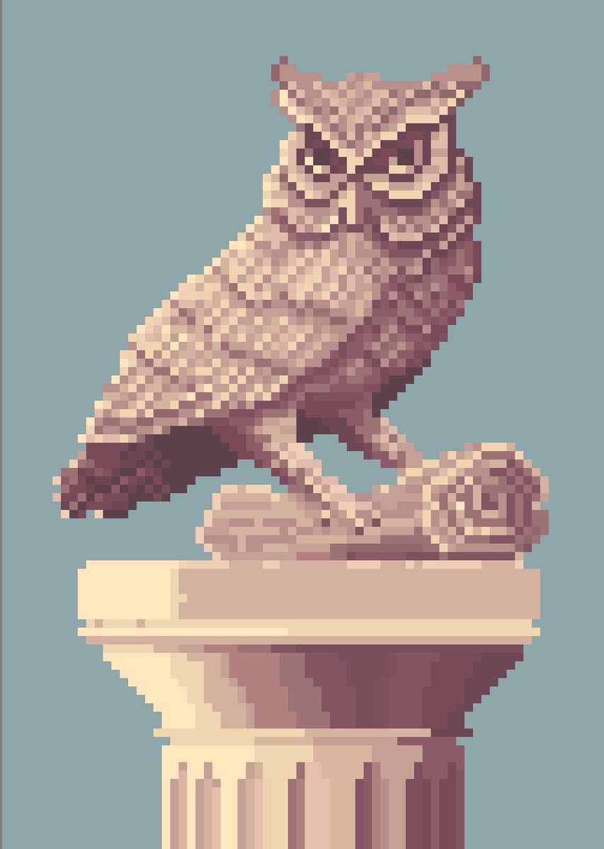 The Owl of Athena. A piece inspired by ancient symbolism, soon to be part of the game’s interface. I got quite hypnotized while drawing it. #indiedev #pixelart
