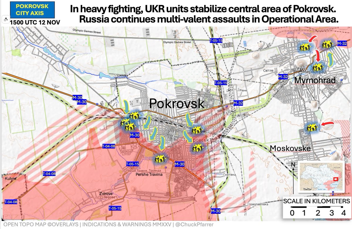 乌克兰波克罗夫斯克地区的详细战术地图，红色阴影区域表示俄罗斯的攻击阵地，蓝线标记乌克兰防御，黄色突出显示表示激烈的战斗区域。标记的主要地点包括中心的波克罗夫斯克、东部的米尔诺格勒、南部的莫斯科斯克和西部的泽莱娜波利亚纳。比例尺显示从 0 到 4 的距离（以公里为单位），带有指北针和叠加图例，注明 Chuck Pfarrer 的指示和警告。时间戳为 11 月 12 日 15 UTC。