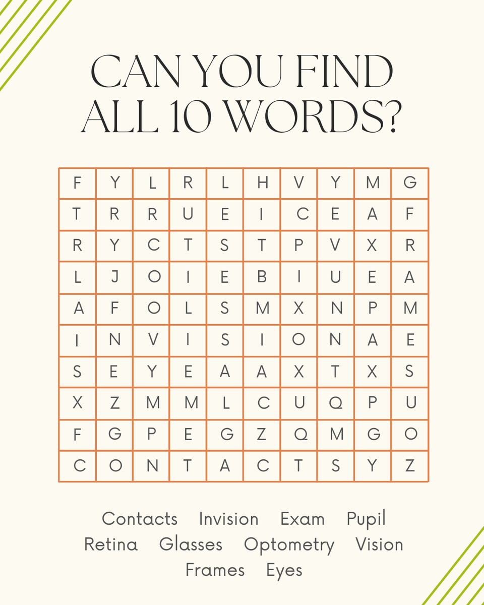 Ready to put your eye-spy skills to the test? 👀🧐 

We've created a super fun word search for you! 

Can you find the 10 optometry-related words hidden in the puzzle? 🧩💡

👓✨ Happy searching! ✨👓