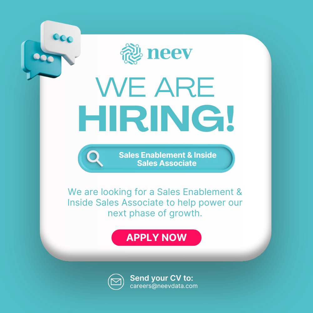 NeevData's tweet image. Neev Data is adding a Sales Enablement &amp;amp; Inside Sales Associate to our expanding team.

This isn’t just a back-office role; it’s a chance to be at the center of our go-to-market strategy, working directly with leadership and partner teams.

👉 Apply at careers@neevdata.com