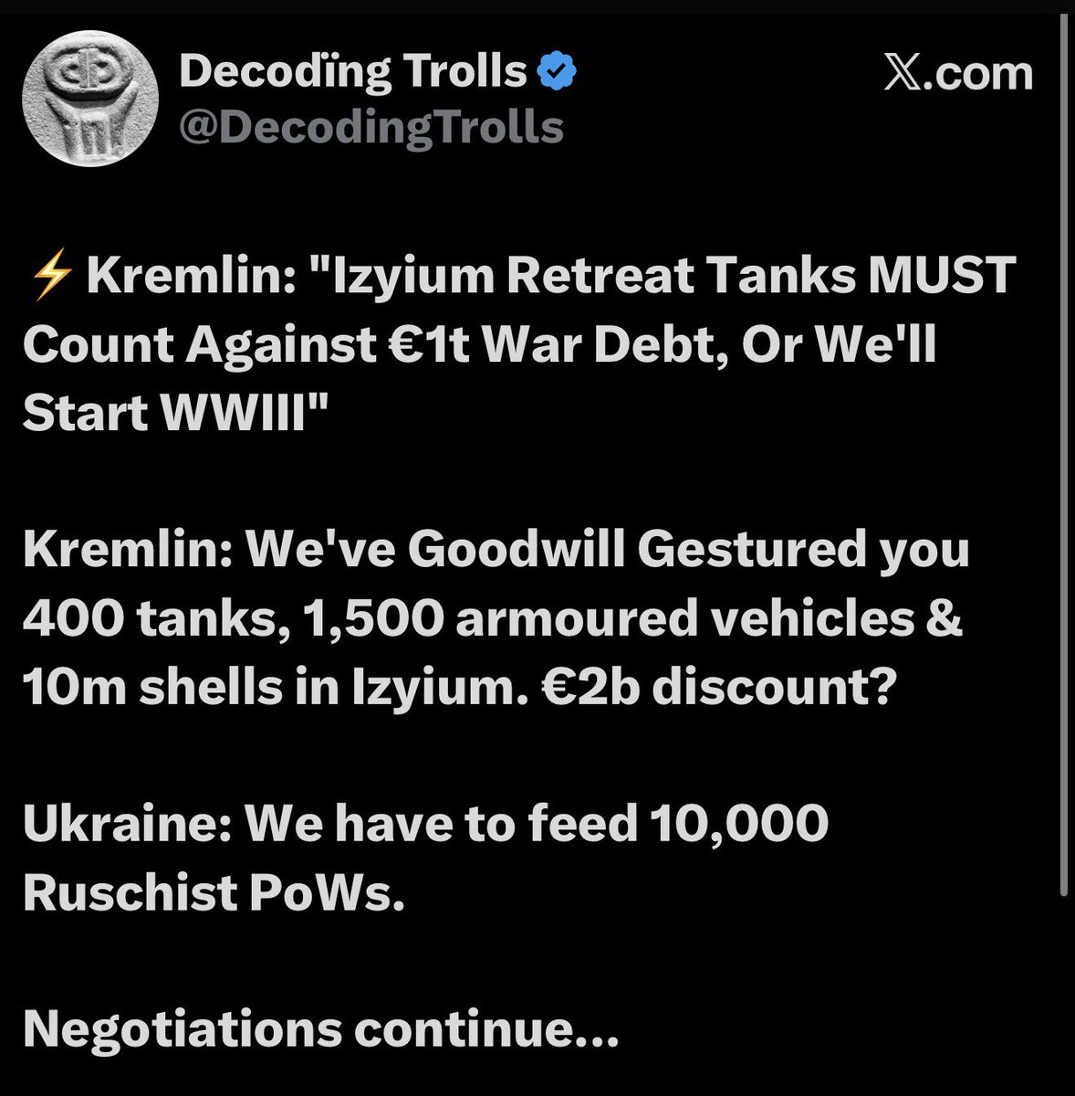 DecodingTrolls's tweet image. ⚡️ Decoding Disinfolklore: Tonight Live

Will be talking about how a Russian combat propaganda meme ended up in President Biden’s mind. 

“We’re not going to risk WWIII over Ukraine, ex-NATO chief recalls Biden saying.”

We’ll look at how a Disinfolklore perspective enables us to…