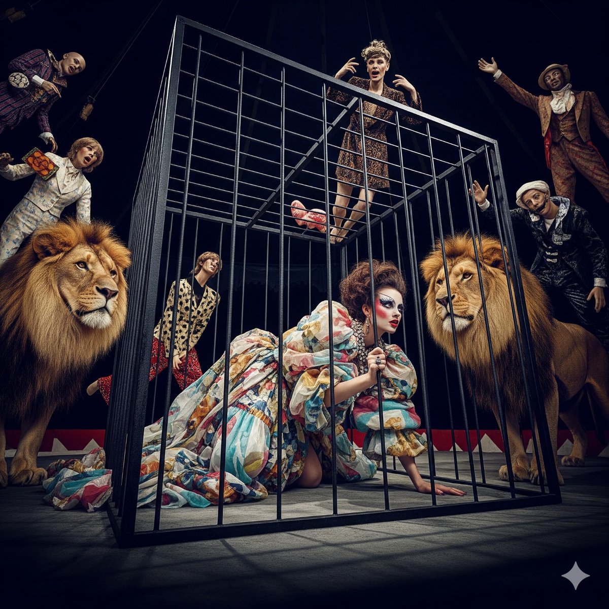 syntaxaegis's tweet image. She wore Renaissance prints and a glare that said the lions weren’t the real danger here.

#hautecouture #surrealism #art #couture #fashionphotography