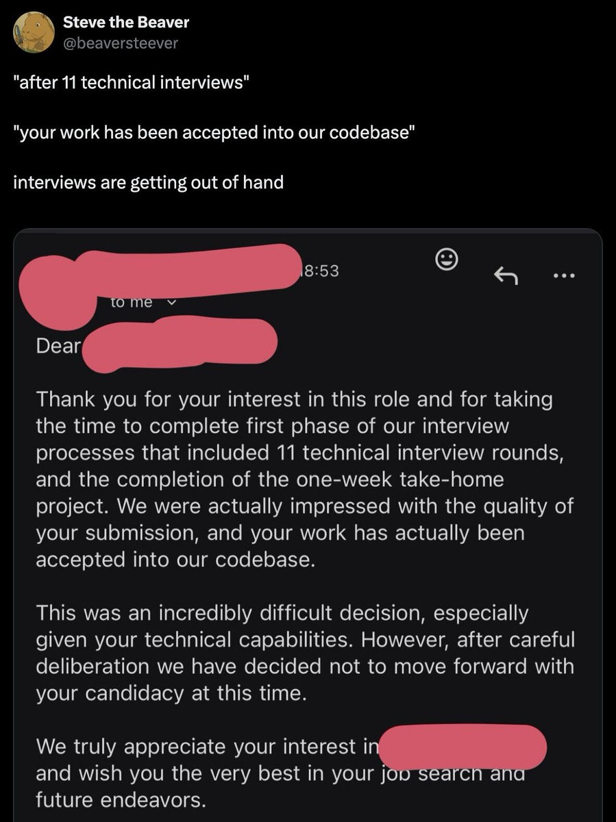 midudev's tweet image. &quot;11 entrevistas técnicas&quot;
&quot;Tu trabajo ha sido aceptado en nuestro código&quot;

Y pese a esto, rechazado.
Los procesos de contratación están rotísimos.

Qué ganas de hacer perder el tiempo a la gente.
