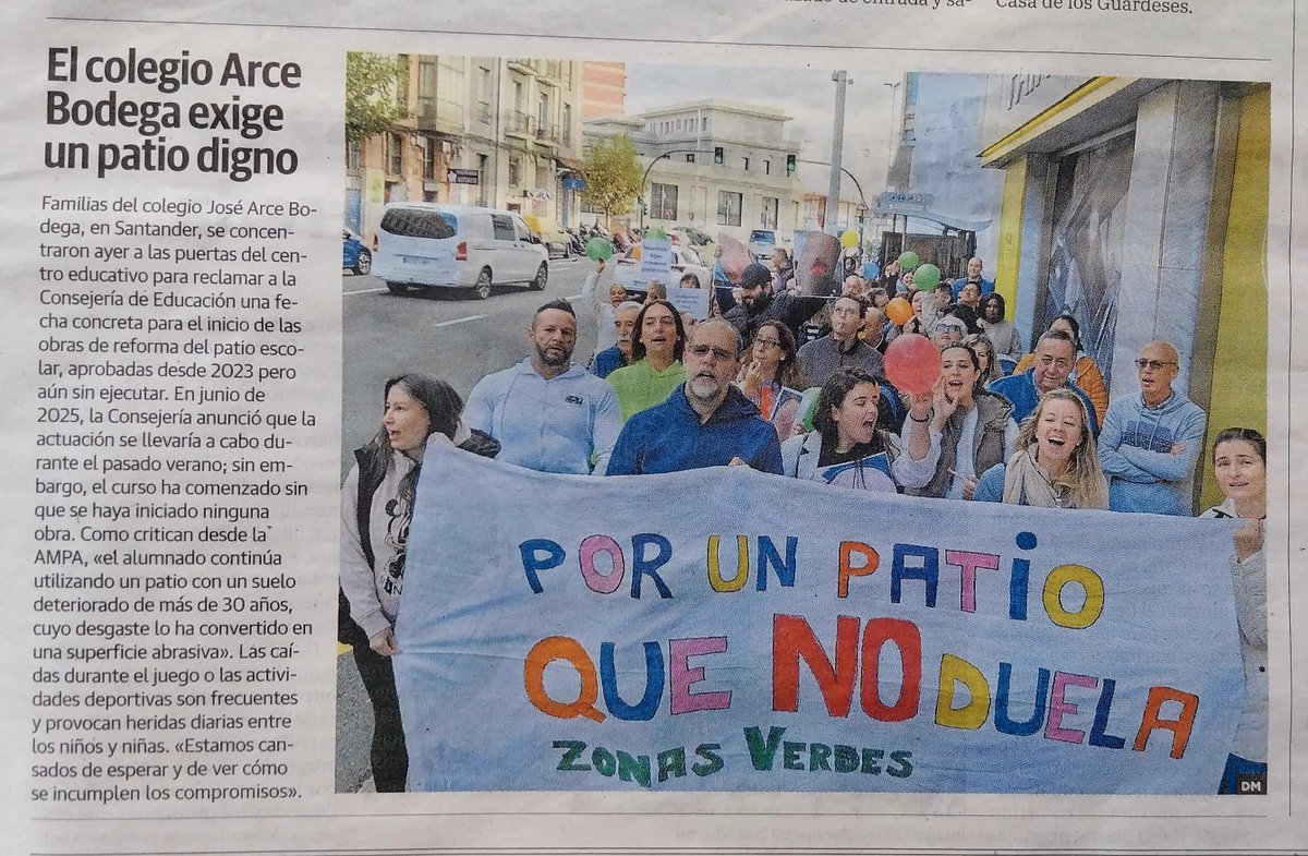 El Colegio Arce Bodega de Santander pide algo tan sencillo y de sentido común como un patio seguro y con zonas verdes. Situado en Castilla-Hermida, uno de los barrios más afectados por el tráfico, la contaminación y la falta de zonas verdes.

#Santanderciudadcontaminada