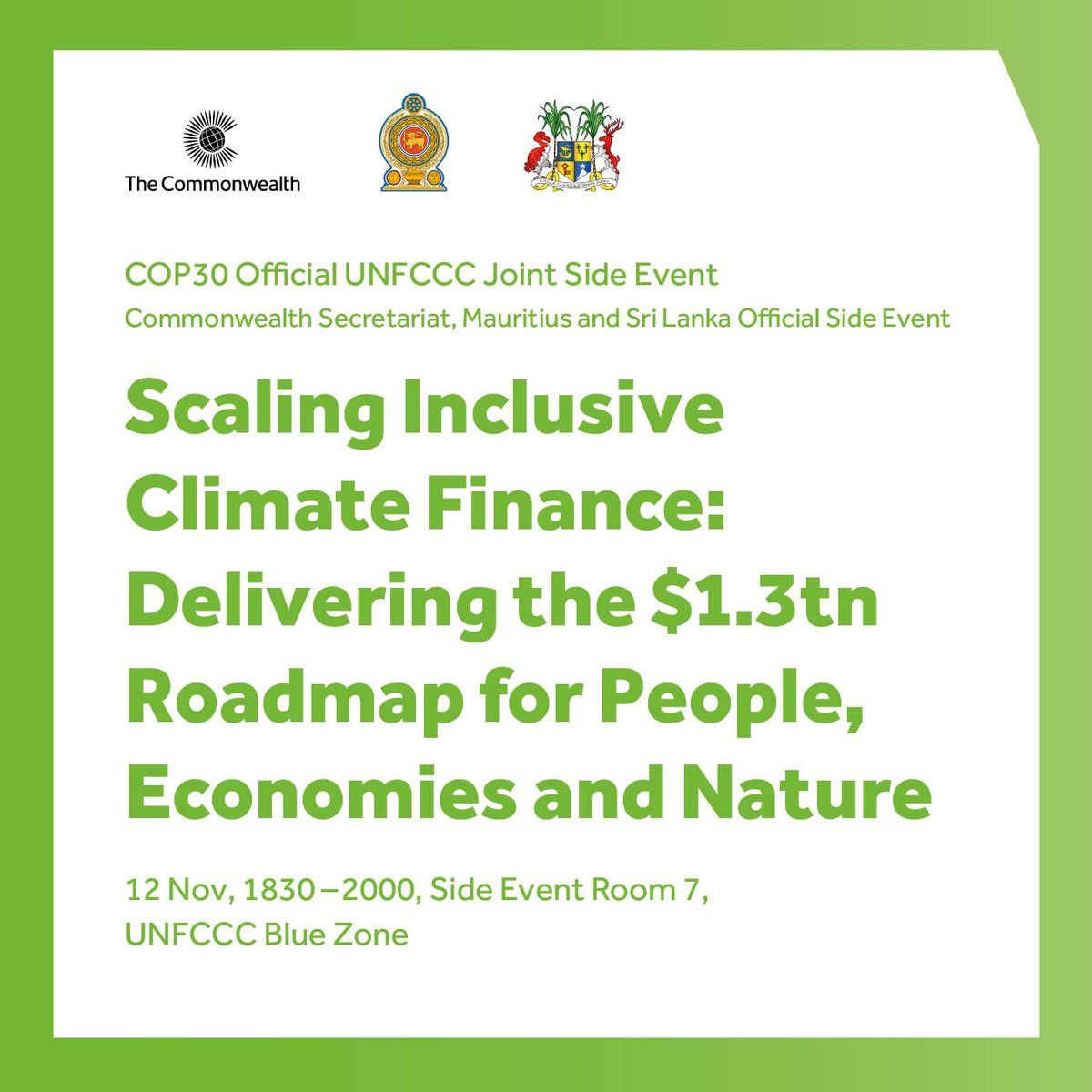 Join us today at #COP30 in Belém to discuss a shared vision for climate finance at our event: 
Scaling Inclusive Climate Finance: Delivering the $1.3T Roadmap for People, Economies &amp; Nature.

Learn more: bit.ly/CS-COP30

#CommonwealthForClimate