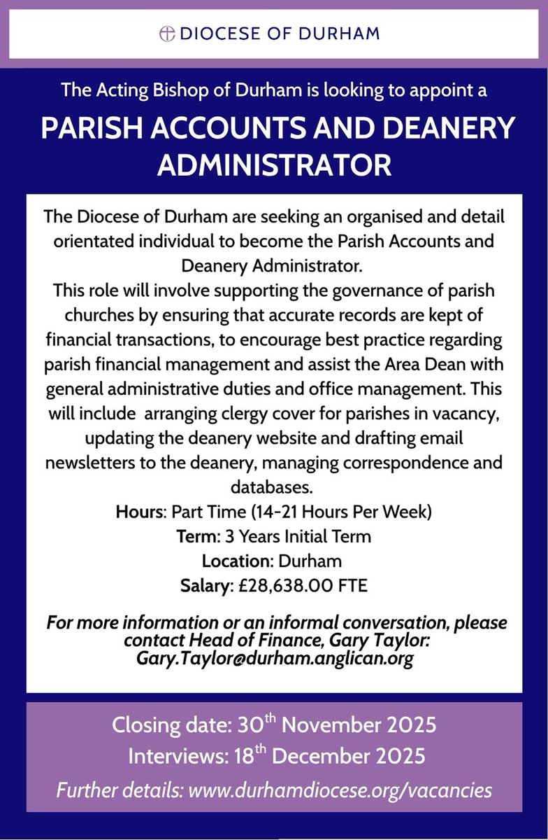 The Diocese of Durham are recruiting for a part time administrator:
eastdurhambusiness.co.uk/diocese-of-dur…