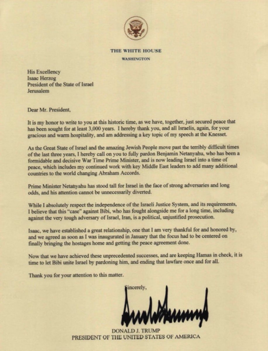 EscanorReloaded's tweet image. Trump just officially bent the knee, again.
A formal White House letter begging for Netanyahu’s pardon, calling him a “War Time Prime Minister” and “hero” of peace.

Trump’s Israel-first loyalty is signed &amp;amp; sealed. 
All while he pushes more H1B visas, tells Americans there’s “no…