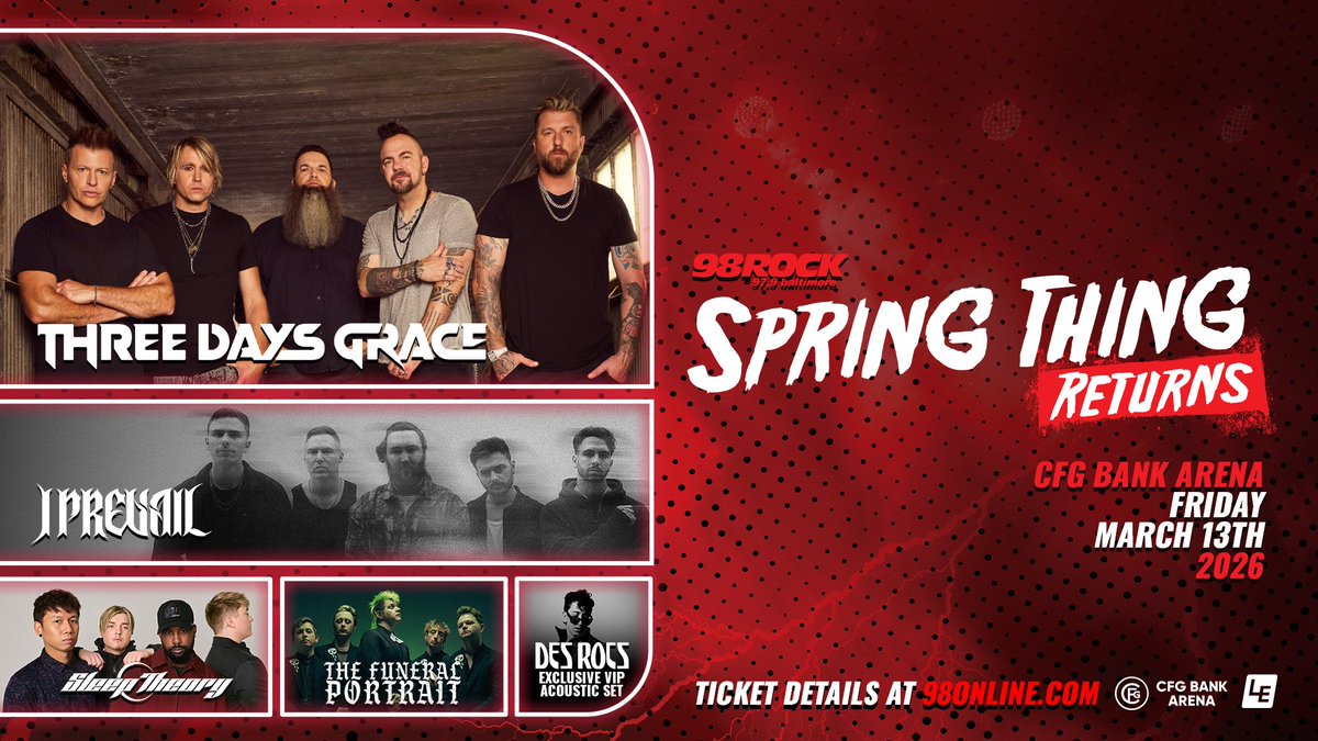 BALTIMORE, THE WAIT IS OVER – The 98 Rock Spring Thing Presale is LIVE! See Three Days Grace, I Prevail, Sleep Theory, and Funeral Portrait at CFG Bank Arena on March 13 — before tickets open to the public. Use code MOREROCK to grab your seats early.
🎫 bit.ly/98RST2026