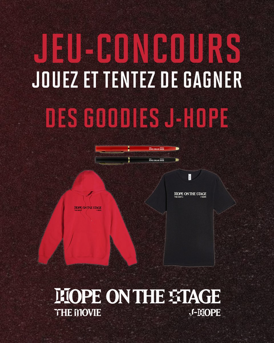 PatheLive_FR's tweet image. 🎉 JEU-CONCOURS

Tentez de gagner des goodies pour vivre l’expérience j-hope en IMAX !

Pour participer :
- Abonnez-vous au compte Pathé Live
- Identifiez 2 amis en commentaire sous ce post

🎁 Un seul gagnant sera tiré au sort et remportera :
- 1 t-shirt
- 1 hoodie
- 1 stylo