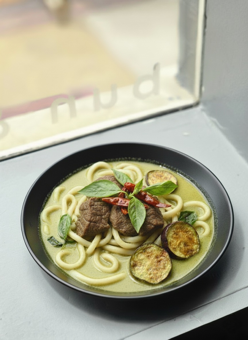 Our Thai-style Green Curry brings its vibrant, spicy, and creamy magic to soft Japanese Udon noodles, topped with tender Braised Beef Brisket. It's a flavor party at BAO Clayton! 🎉 #BAOclayton #ThaiGreenCurry #UdonNoodles #thebaostl