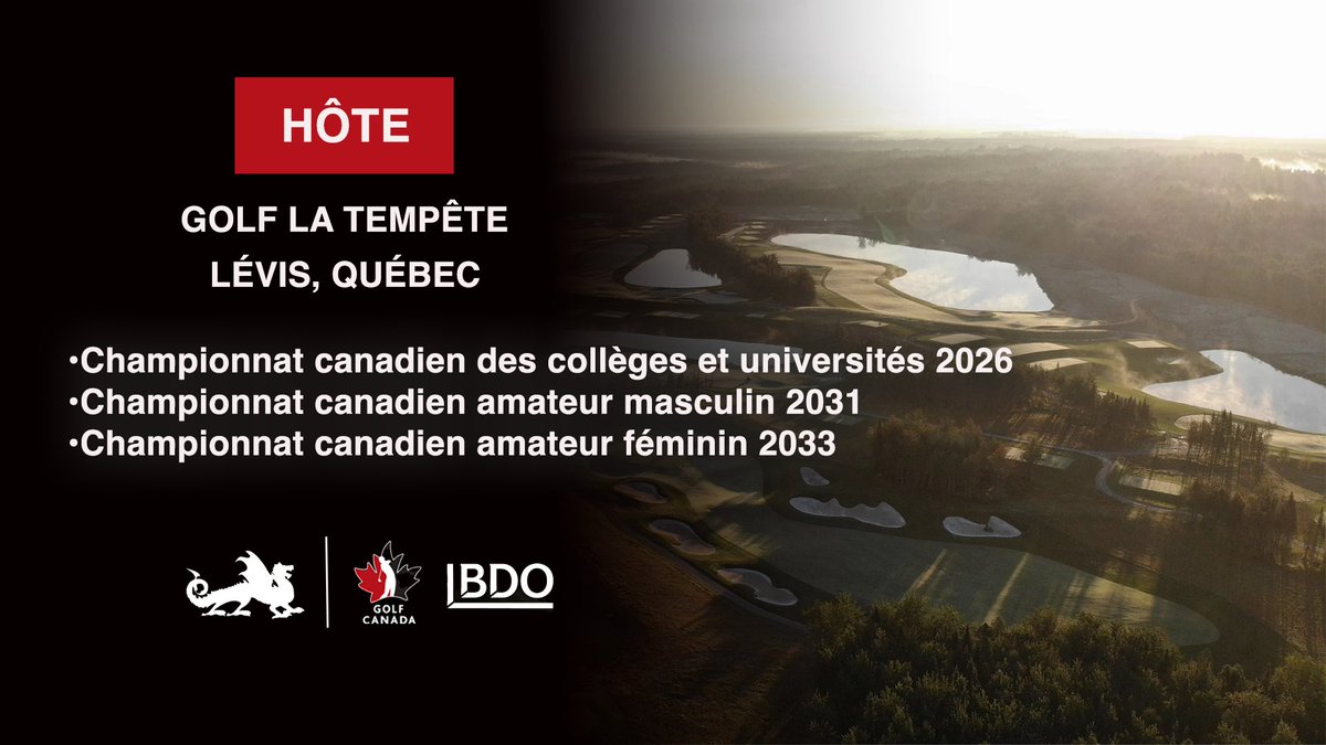 Golf Canada et le club de <a href="/GolfLaTempete/">Golf La Tempête</a> sont fiers d’annoncer un partenariat pluriannuel en vertu duquel ce club de la région de Lévis, au sud de la ville de Québec, sera l’hôte de trois championnats nationaux amateurs au cours des huit prochaines années.

🗞️: