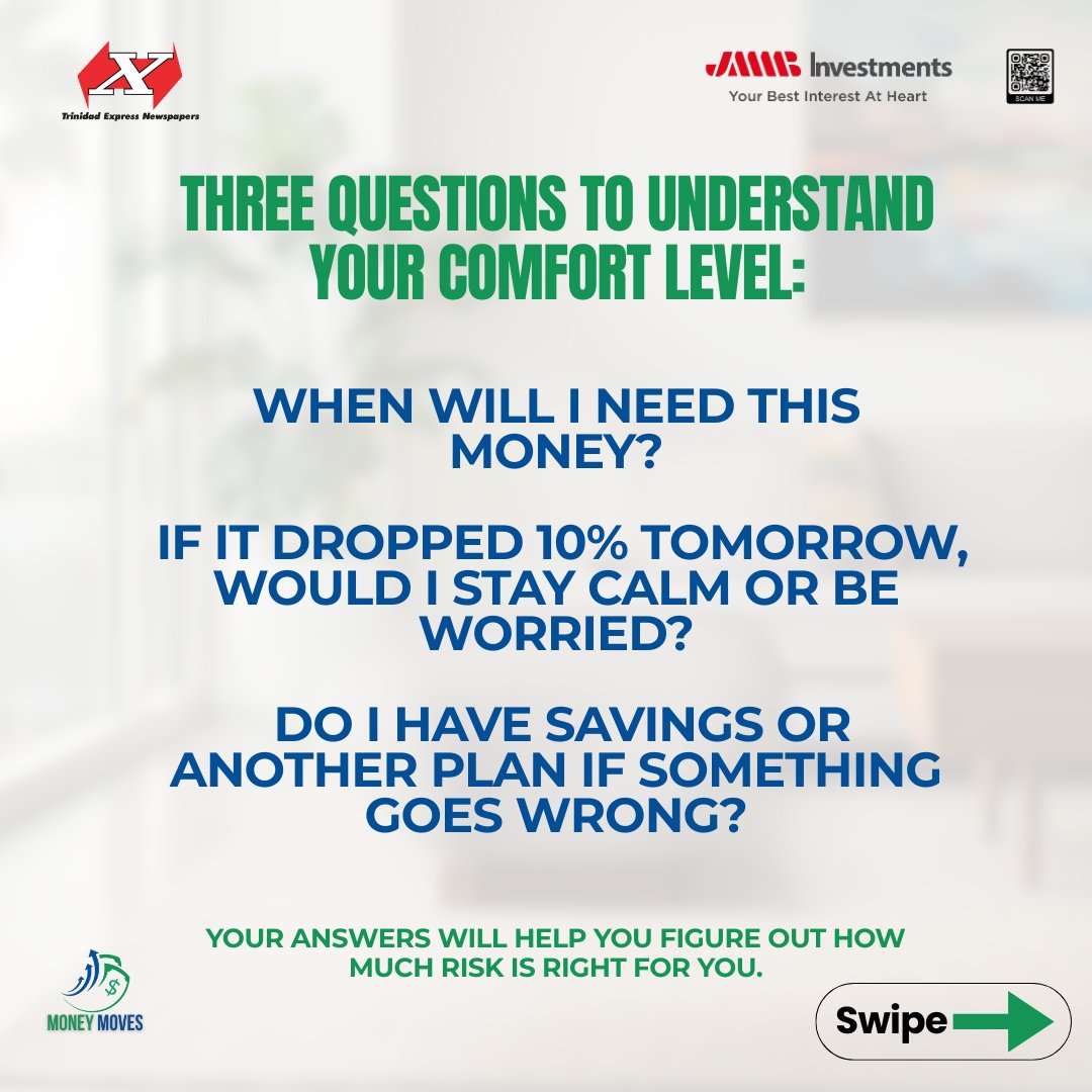 expressupdates's tweet photo. 💸 Let’s talk risk!
Figuring out how much risk you’re cool with can help you invest smarter. Whether you’re playing it safe or going for growth, there’s a lane for you. 🚗💨
#MoneyMoves #FinancialLiteracy #TrinidadExpress #ExpressNewspapers #JMMB https://t.co/m31gzGYRhk