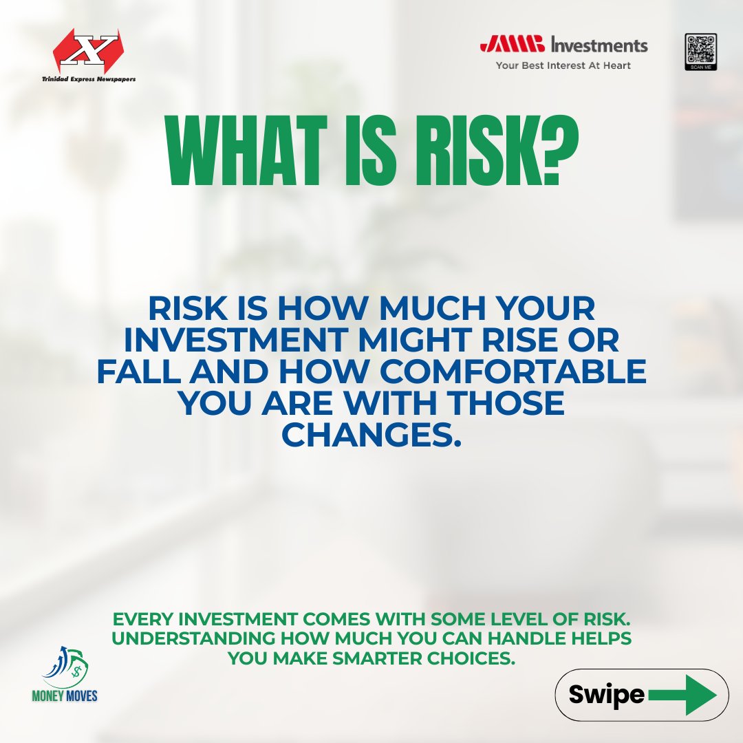 expressupdates's tweet photo. 💸 Let’s talk risk!
Figuring out how much risk you’re cool with can help you invest smarter. Whether you’re playing it safe or going for growth, there’s a lane for you. 🚗💨
#MoneyMoves #FinancialLiteracy #TrinidadExpress #ExpressNewspapers #JMMB https://t.co/m31gzGYRhk