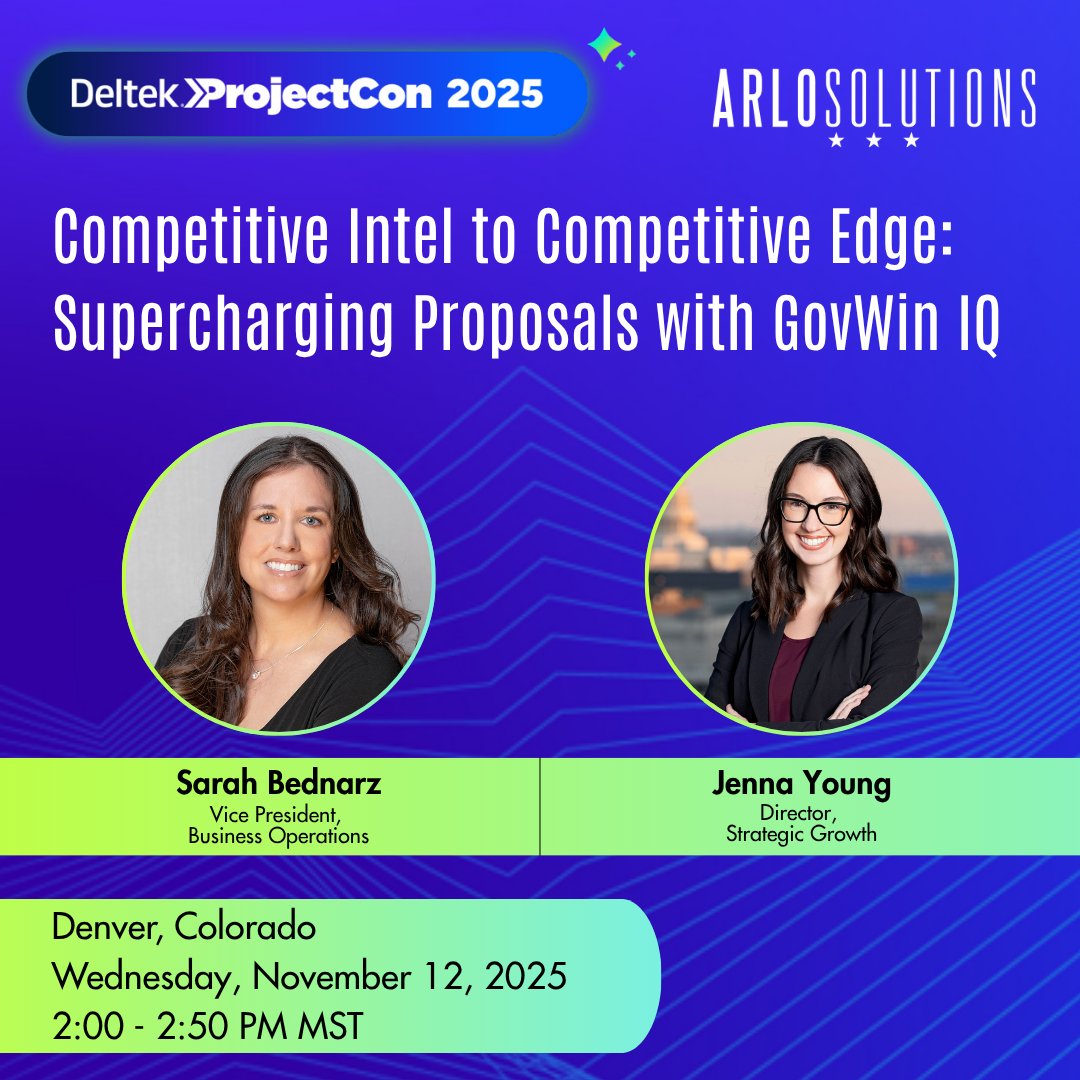 🚨 Happening today, Sarah Bednarz and Jenna Young will take the stage at #DeltekProjectCon2025! They'll share how to transform intel into impact with GovWin IQ. 

Excited to have them share their expertise and represent Arlo!

#DeltekProjectCon #GovWinIQ #WomenInLeadership