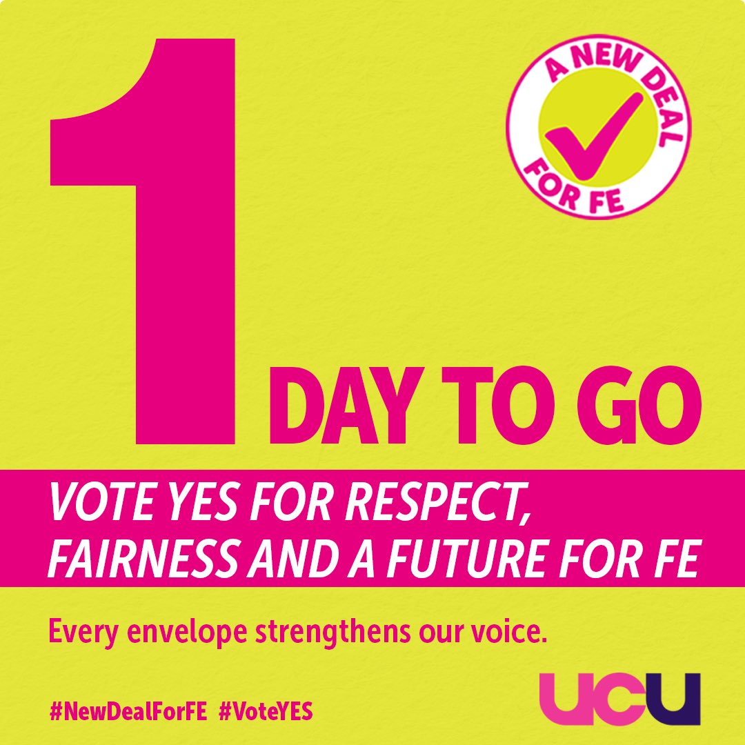 ucu's tweet image. ⏰ Just 1 day left to have your say!
We’re standing together for a fair deal for every college with binding, funded national bargaining that protects pay and conditions across England.
Make it count. Vote YES before the deadline!
#VoteYES #NewDealForFE