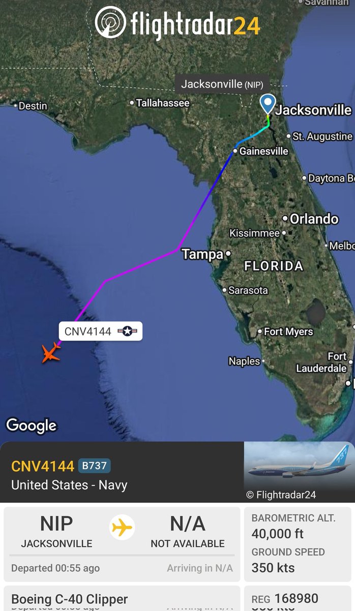 USN 🇺🇲
C-40 Clipper 
#AE5718/168980/CNV4144
Tracking SW over the Gulf out of Jacksonville.
<a href="/Borrowed7Time/">Johnny Gemini</a> <a href="/Arr3ch0/">𝘼𝙧𝙧𝙚𝙘𝙝𝙤</a> <a href="/SA_Defensa/">SA Defensa</a> <a href="/LatAmMilMVMTs/">LatAmMilMovements</a> <a href="/FlconEYES/">Falcon</a>