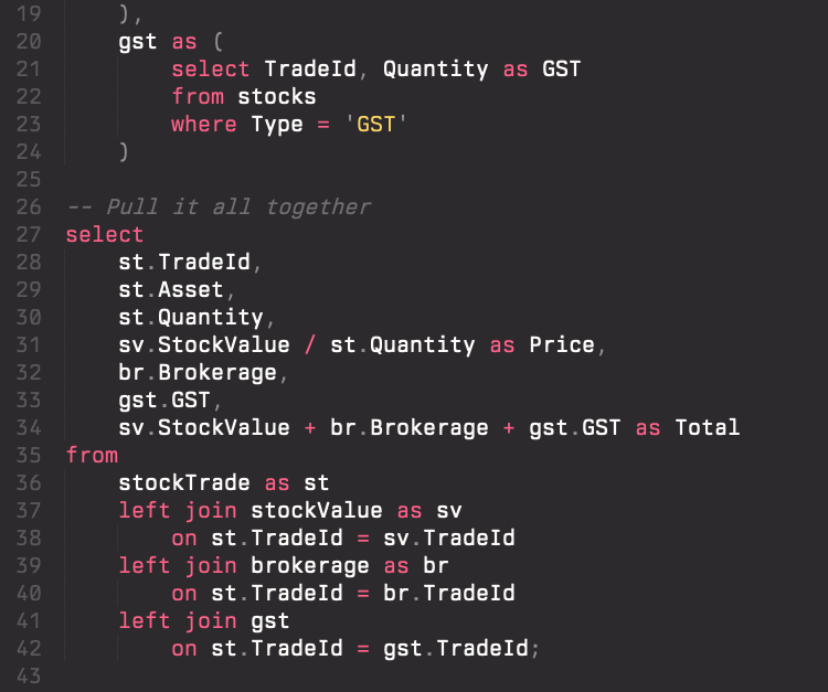 MontPrompt's tweet image. I prefer to use CTEs (Common Table Expressions) instead.

This allows you to build appropriate data sets for each part of the join, resulting in a much cleaner data flow that is also easier to test. You can see in the attached code that four separate data flows are built for use…