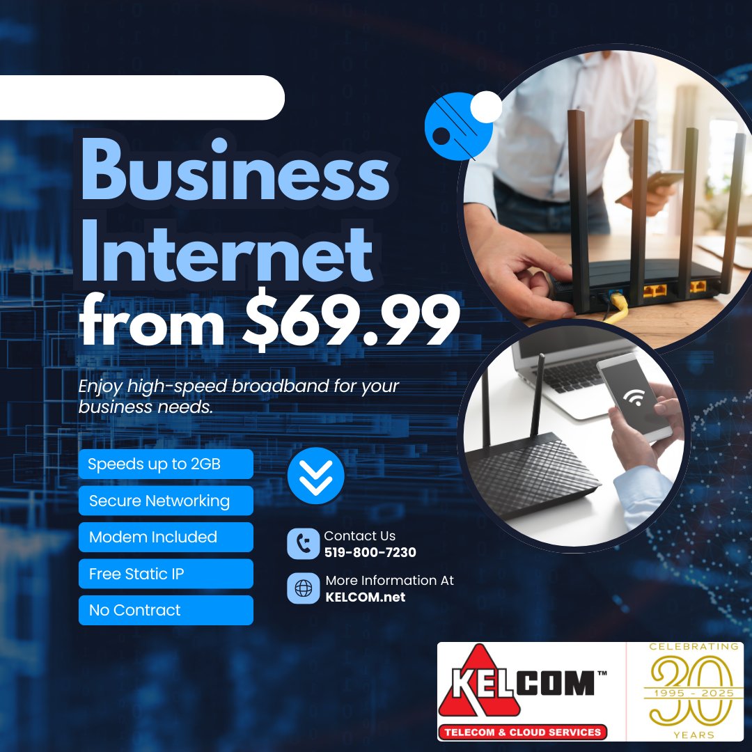 KELCOM_Internet's tweet photo. 💼 Business Internet starting at just $69.99/month

✔️ Free Local Installation
✔️ Speeds up to 2G
✔️ No Contracts

Proudly serving Windsor &amp; Essex County for 30 years.
📞 519-800-7230

#BusinessInternet #KELCOM https://t.co/kZmgo0PMDT