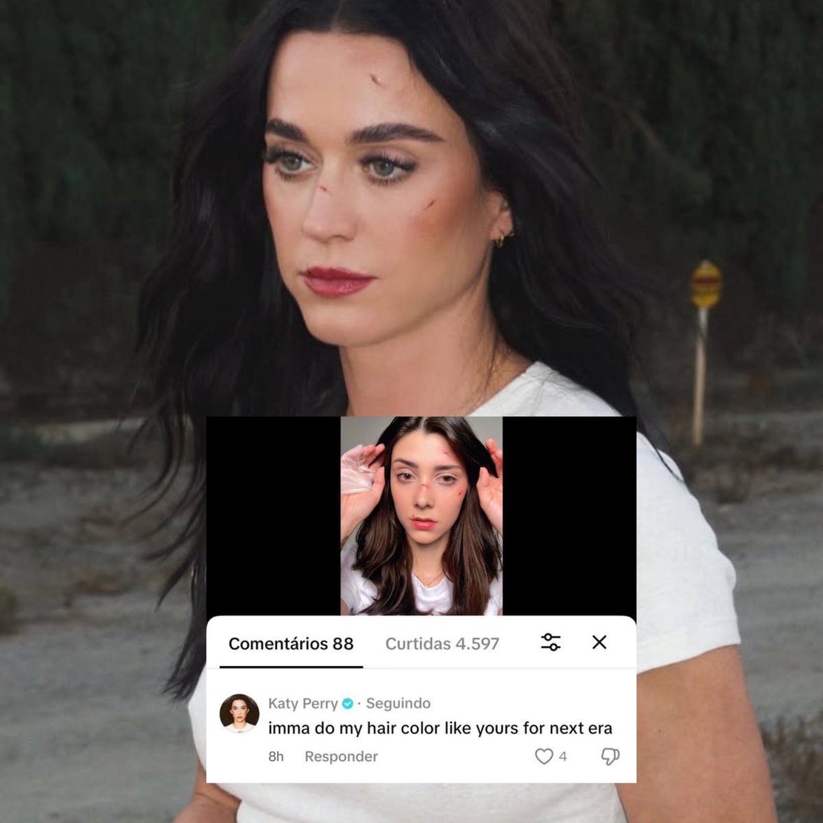 katydailybrasil's tweet image. “Eu vou pintar meu cabelo da mesma cor que o seu para a próxima era” – Katy Perry em comentário na publicação de uma fã brasileira no TikTok.