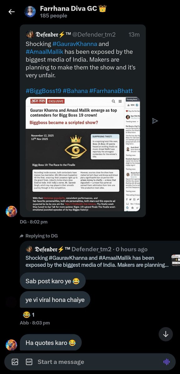 If theft is detected, then a plan is underway to go against the #AmaalMallik by creating a fake narrative.🤡 

<a href="/EndemolShineIND/">Endemol Shine India</a> <a href="/HotstarReality/">JioHotstar Reality</a> <a href="/BiggBoss/">bigg boss</a>
FIXED WINNER FARHANA
#biggboss19 #BB19