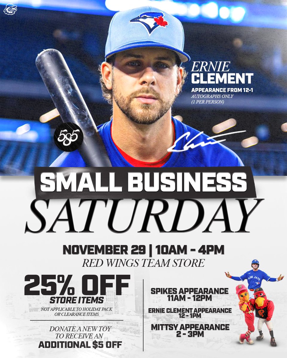 🚨 BIG NEWS, ROCHESTER! 🚨
 Rochester’s own Ernie Clement, World Series standout, will be at the Red Wings Team Store for free autographs from 12–1 PM on Nov. 29th!
🛍️ Small Business Saturday
🕙 10 AM – 4 PM
💥 25% off most items (excluding Holiday Packs &amp; clearance)
❤️ Spikes